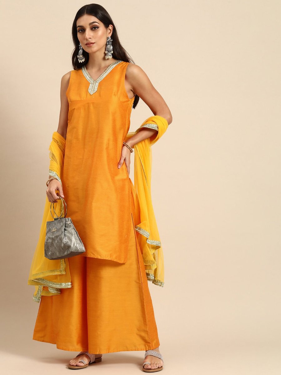 All About You Women Mustard Yellow Ethnic Motifs Embroidered Gotta Patti Kurta with Palazzos & With Dupatta