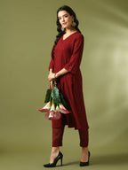 Myshka Women's Maroon Embroidered Cotton A-Line Party Kurta Set
