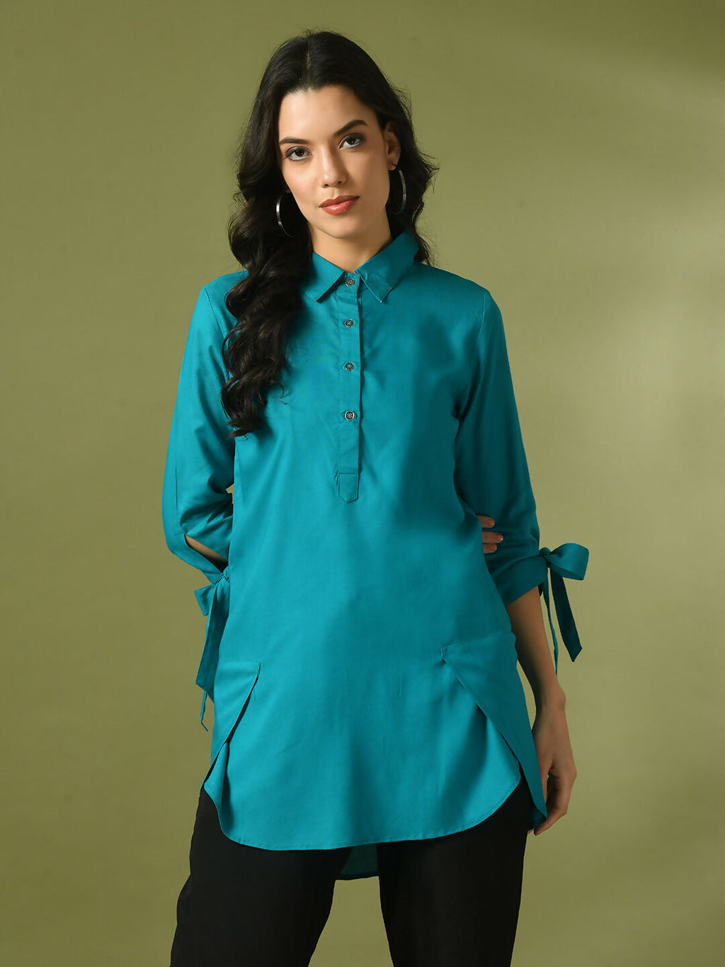 Myshka Women's Turquoise Blue Solid Cotton Longline Party Sheer Tunic