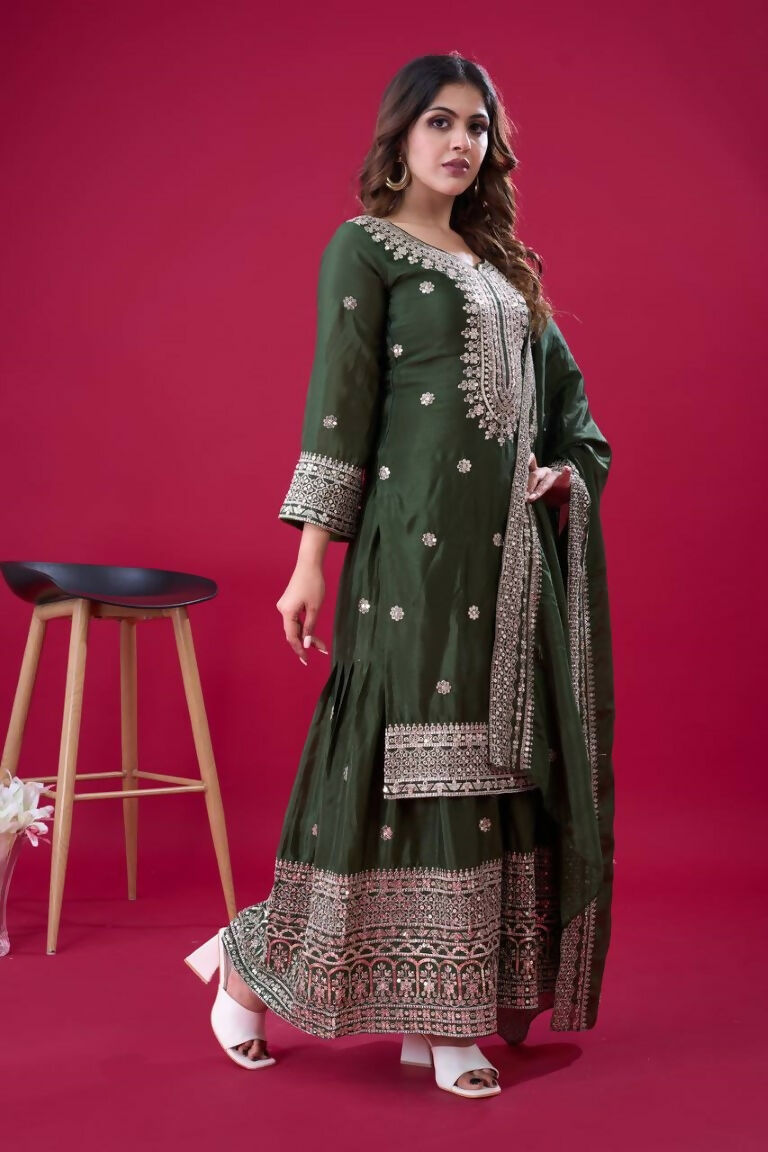 Teeya Creation Green Colour Chinnon Silk Heavy Embroidery Work Fully Stitched Salwar Suit - Distacart