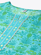Yufta Green & White Ethnic Motifs Printed Mirror Work Kurta with Palazzo & Dupatta