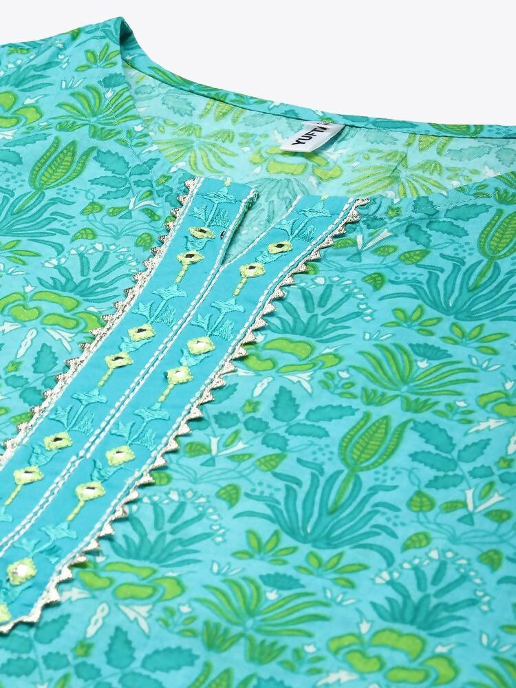 Yufta Green & White Ethnic Motifs Printed Mirror Work Kurta with Palazzo & Dupatta