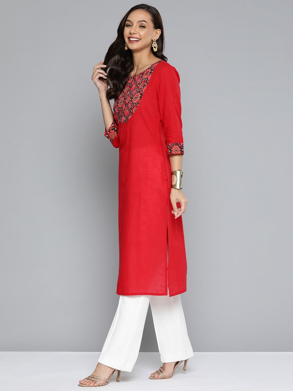 HERE&NOW Women Red & Black Yoke Design Pure Cotton Kurta