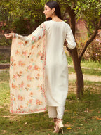 Indo Era White Floral Yoke Design Tie-Up Neck Straight Kurta With Trousers & Dupatta - Distacart