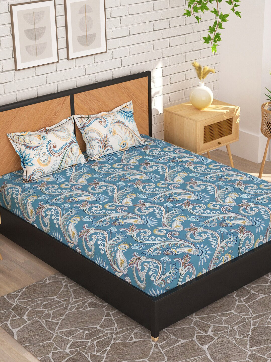 Story@home Blue & Cream-Coloured Ethnic Motifs 180 TC Queen Bedsheet With 2 Pillow Covers