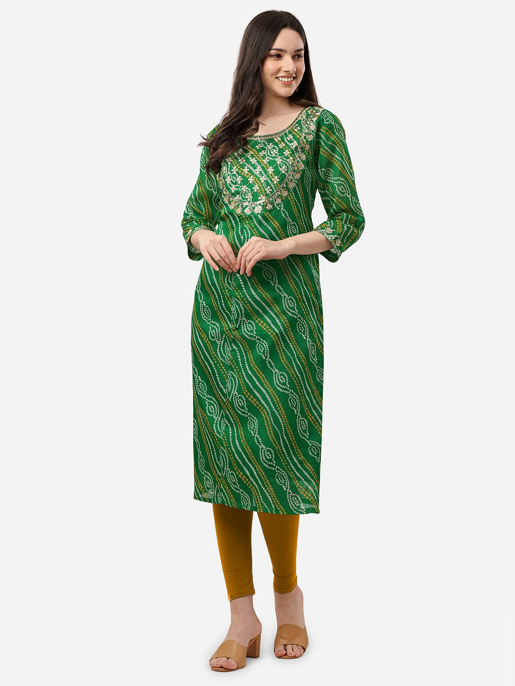 HERE&NOW Women Green Leheriya Printed Pure Cotton Kurta