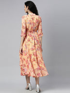 Souchii Peach-Coloured Floral Layered Chiffon A-Line Midi Dress - Distacart