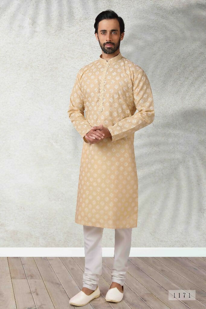 Raivat Ethnic Cotton Printed Work Kurta Pajama In Beige Colour