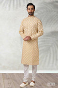 Raivat Ethnic Cotton Printed Work Kurta Pajama In Beige Colour