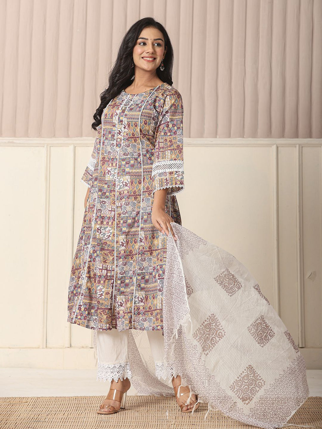 Yufta Beige Cotton Geometric Print Anarkali Kurta Pant Dupatta Set