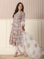 Yufta Beige Cotton Geometric Print Anarkali Kurta Pant Dupatta Set