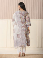 Yufta Beige Cotton Geometric Print Anarkali Kurta Pant Dupatta Set