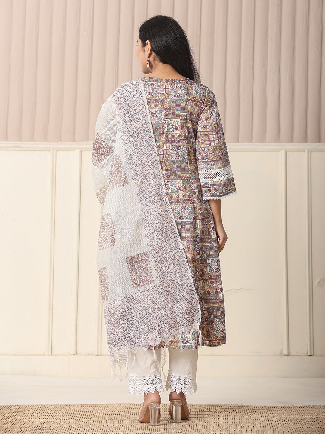 Yufta Beige Cotton Geometric Print Anarkali Kurta Pant Dupatta Set