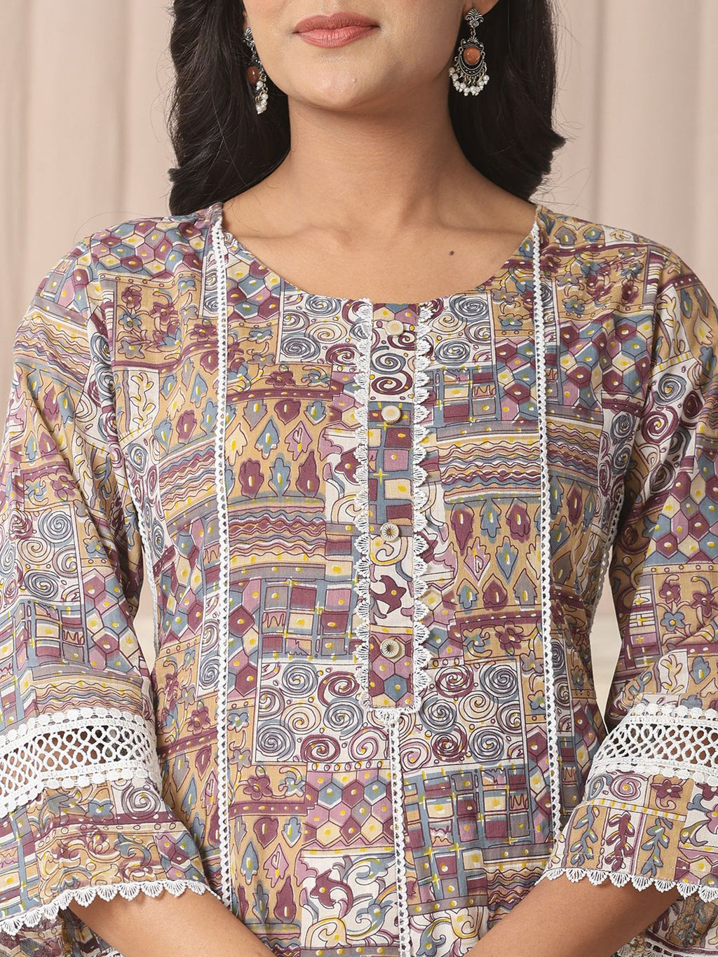 Yufta Beige Cotton Geometric Print Anarkali Kurta Pant Dupatta Set