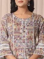 Yufta Beige Cotton Geometric Print Anarkali Kurta Pant Dupatta Set