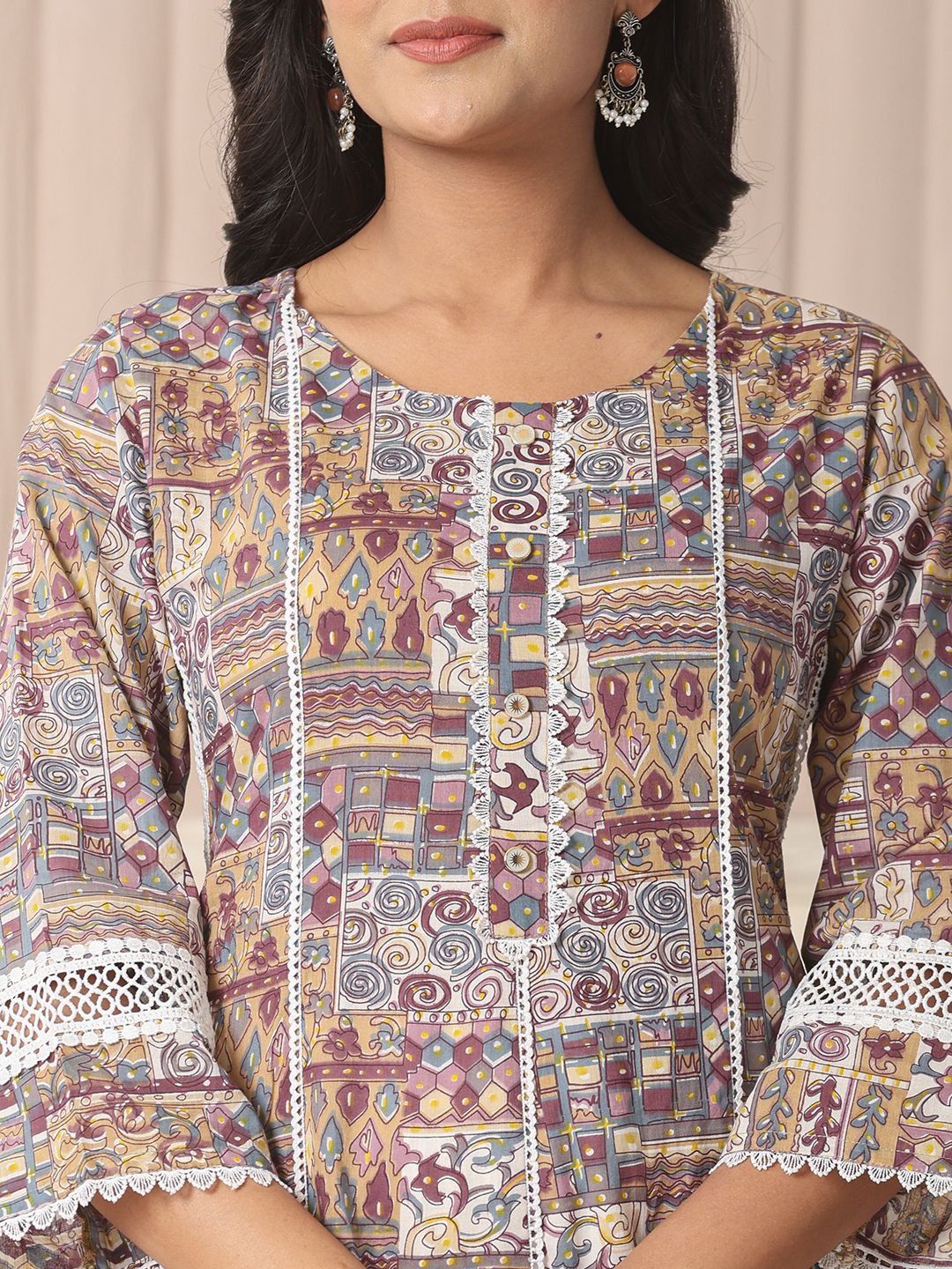 Yufta Beige Cotton Geometric Print Anarkali Kurta Pant Dupatta Set