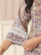 Yufta Beige Cotton Geometric Print Anarkali Kurta Pant Dupatta Set