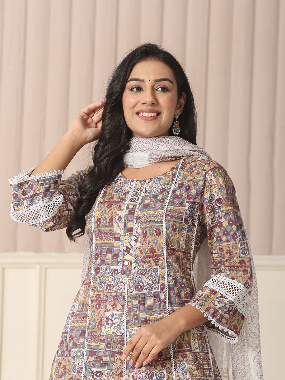Yufta Beige Cotton Geometric Print Anarkali Kurta Pant Dupatta Set