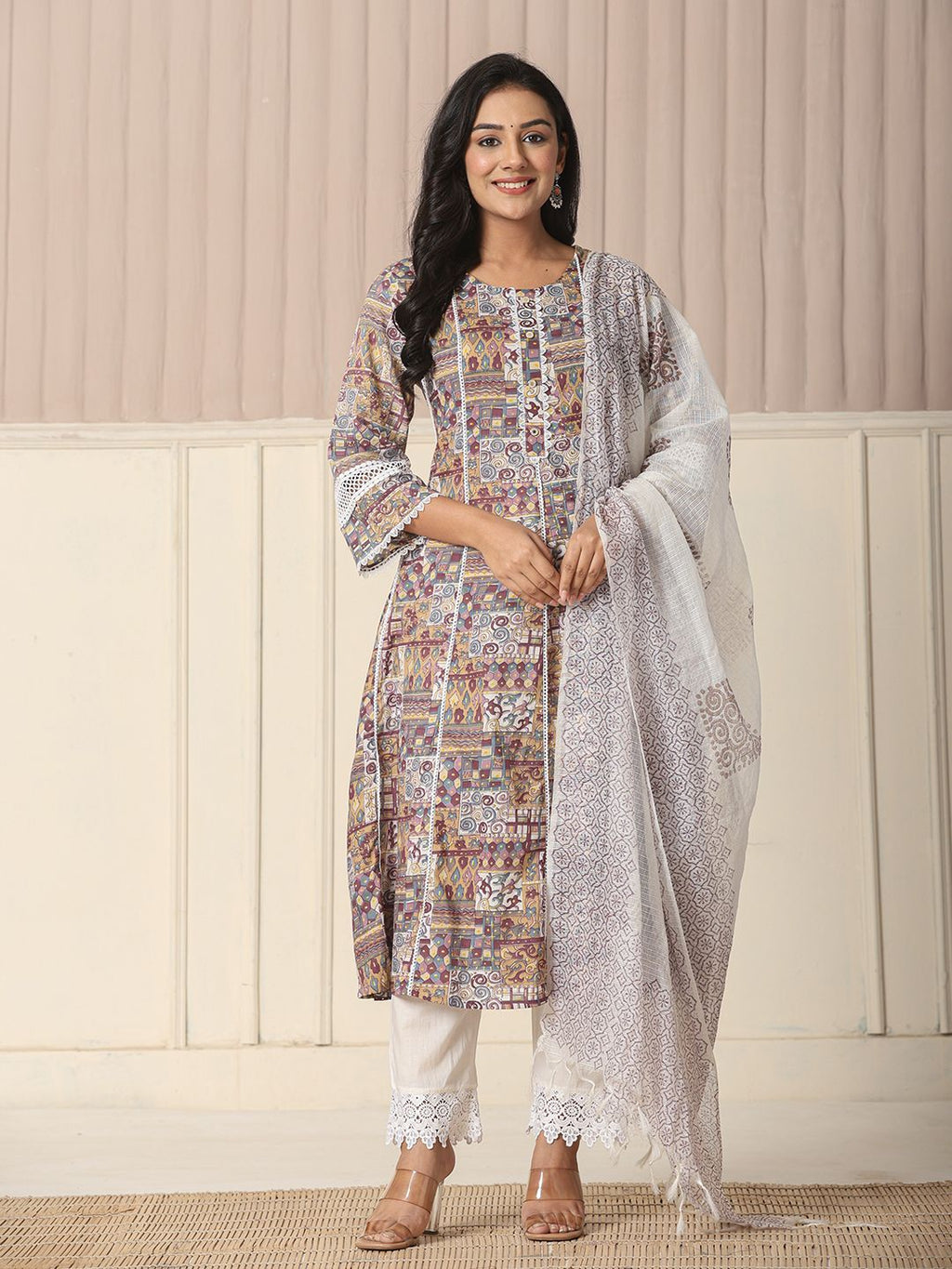 Yufta Beige Cotton Geometric Print Anarkali Kurta Pant Dupatta Set