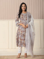 Yufta Beige Cotton Geometric Print Anarkali Kurta Pant Dupatta Set