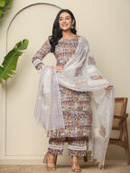 Yufta Beige Cotton Geometric Print Straight Kurta Pant Dupatta Set - Distacart