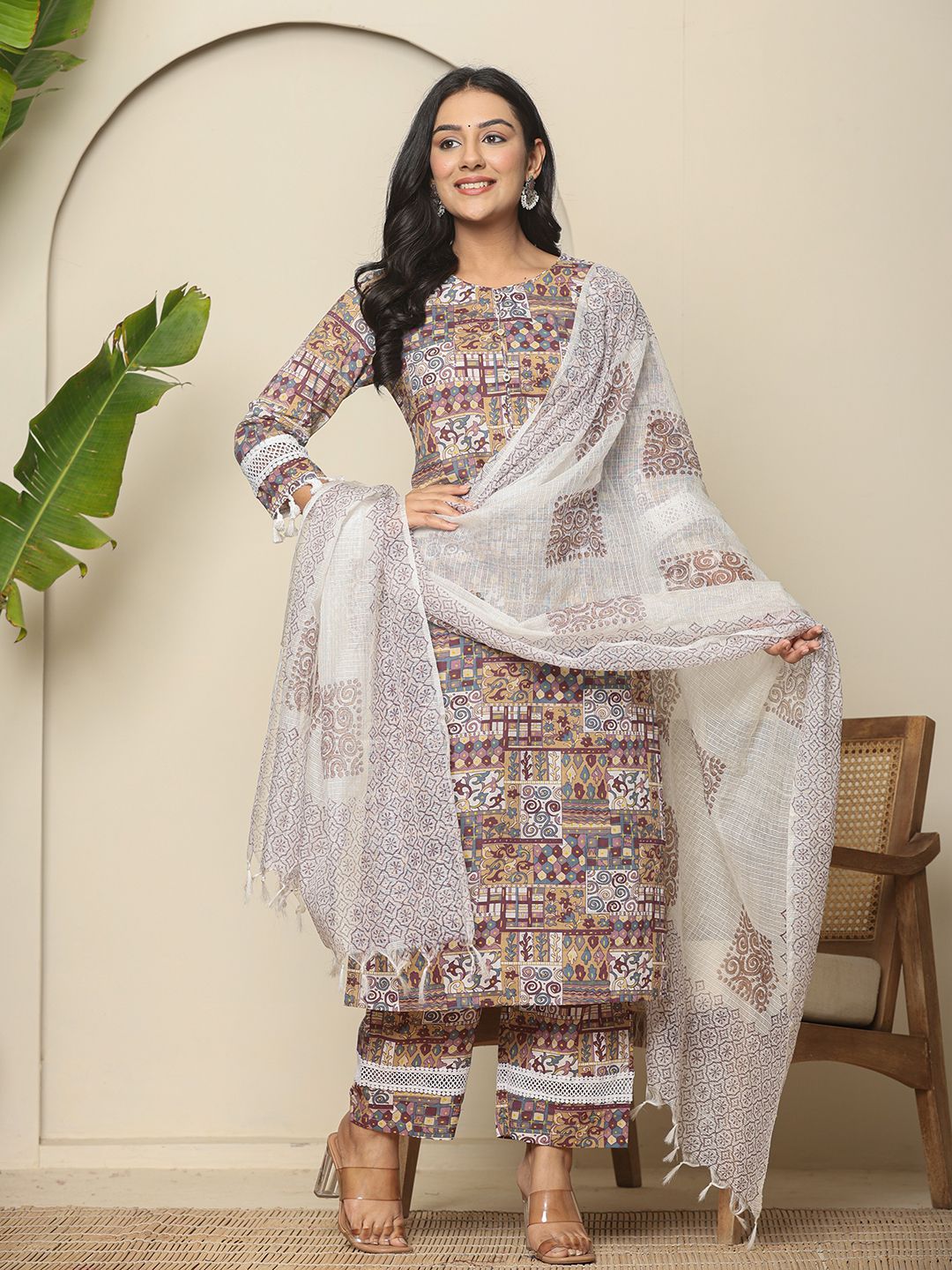 Yufta Beige Cotton Geometric Print Straight Kurta Pant Dupatta Set - Distacart