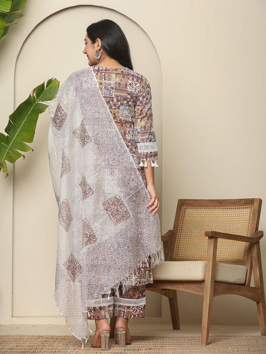 Yufta Beige Cotton Geometric Print Straight Kurta Pant Dupatta Set - Distacart