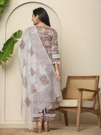 Yufta Beige Cotton Geometric Print Straight Kurta Pant Dupatta Set - Distacart