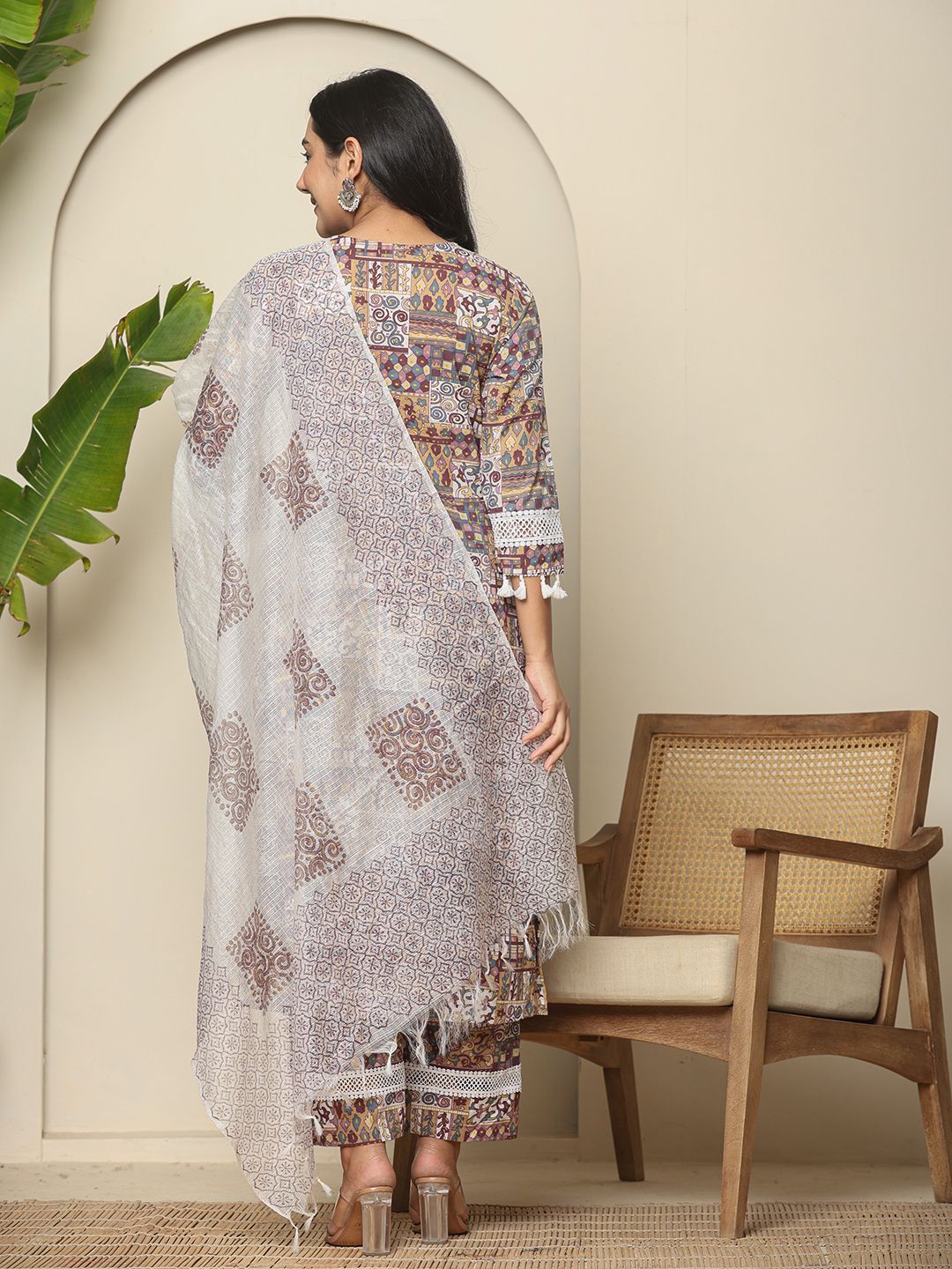 Yufta Beige Cotton Geometric Print Straight Kurta Pant Dupatta Set - Distacart