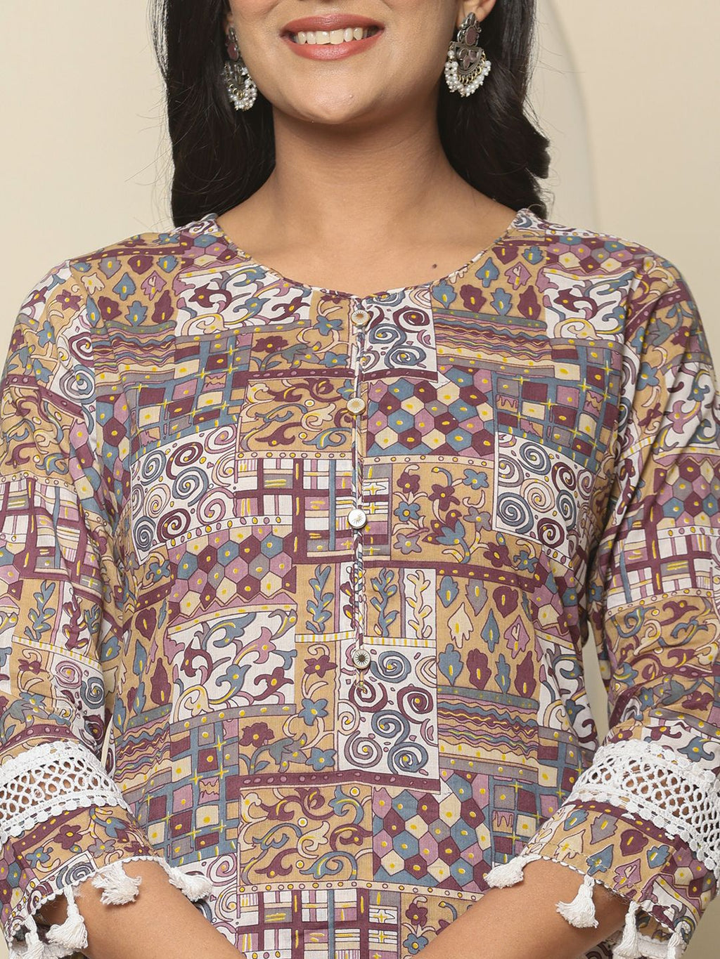 Yufta Beige Cotton Geometric Print Straight Kurta Pant Dupatta Set - Distacart
