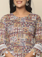 Yufta Beige Cotton Geometric Print Straight Kurta Pant Dupatta Set - Distacart