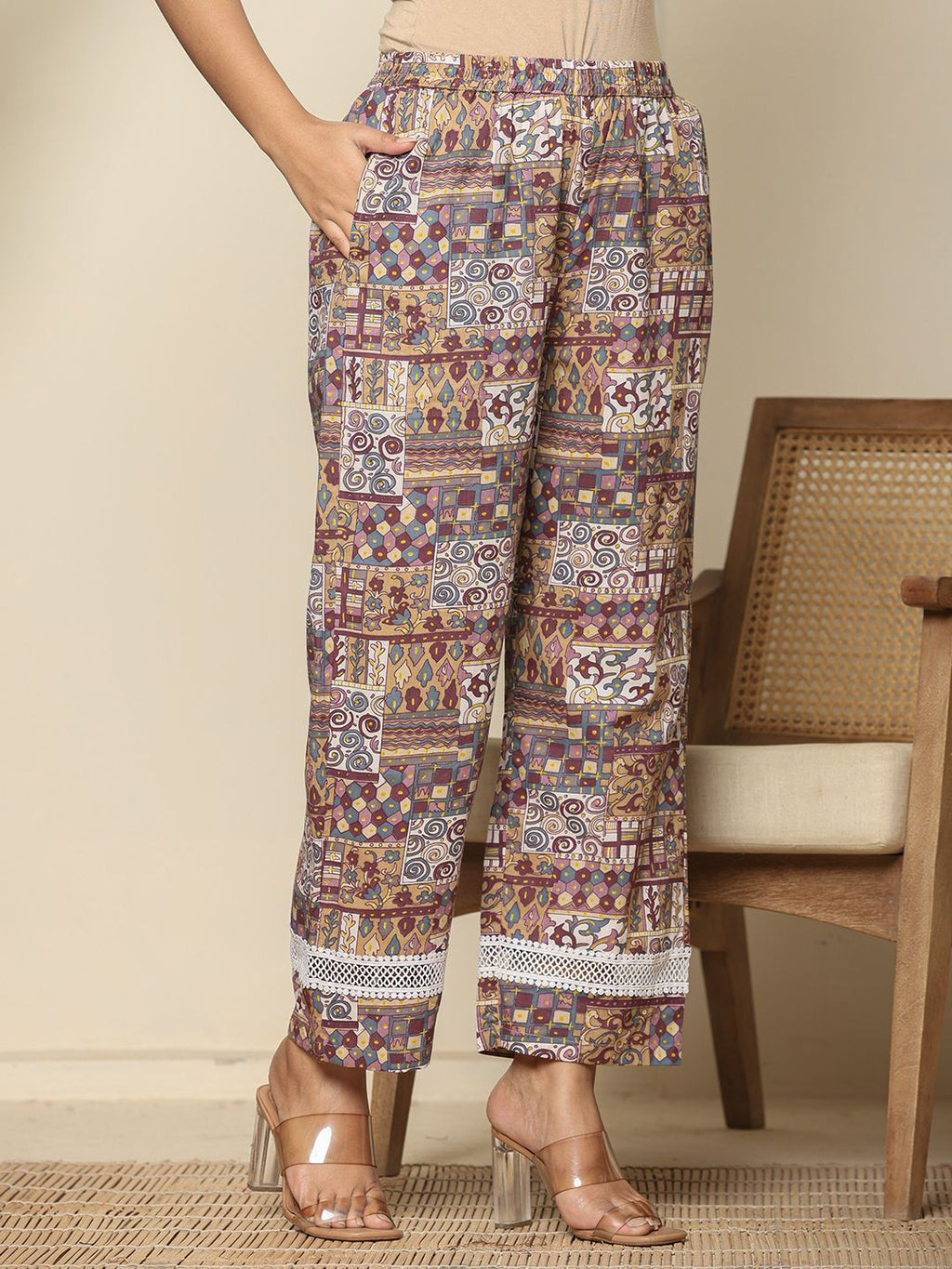 Yufta Beige Cotton Geometric Print Straight Kurta Pant Dupatta Set - Distacart