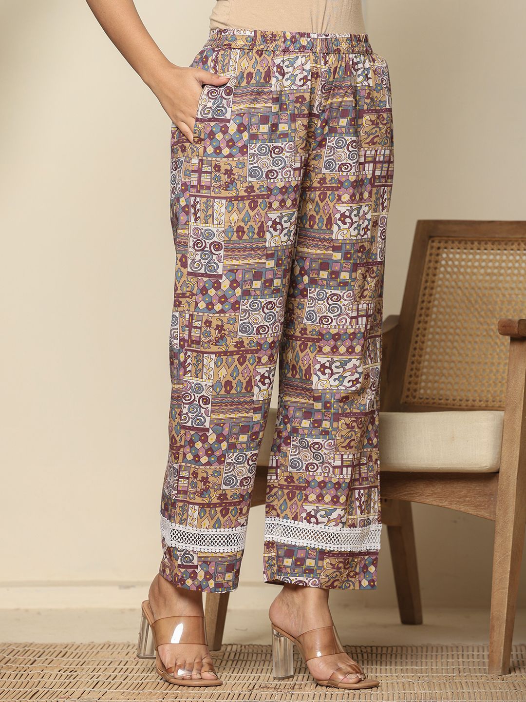 Yufta Beige Cotton Geometric Print Straight Kurta Pant Dupatta Set - Distacart