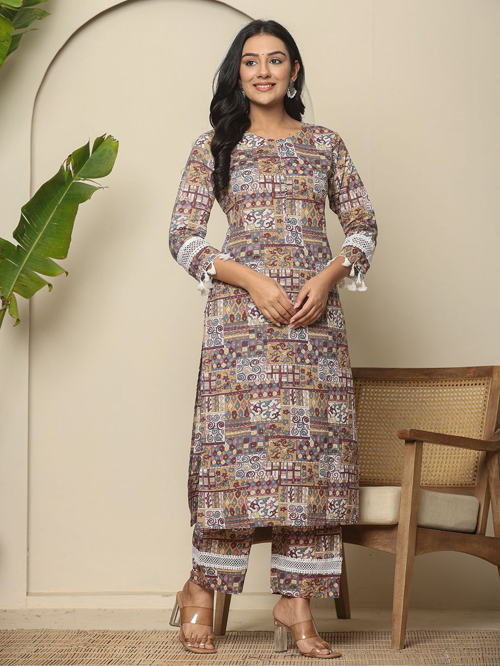 Yufta Beige Cotton Geometric Print Straight Kurta Pant Dupatta Set - Distacart