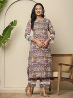 Yufta Beige Cotton Geometric Print Straight Kurta Pant Dupatta Set - Distacart