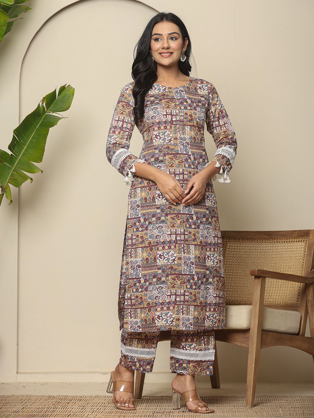 Yufta Beige Cotton Geometric Print Straight Kurta Pant Dupatta Set - Distacart