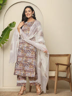 Yufta Beige Cotton Geometric Print Straight Kurta Pant Dupatta Set - Distacart