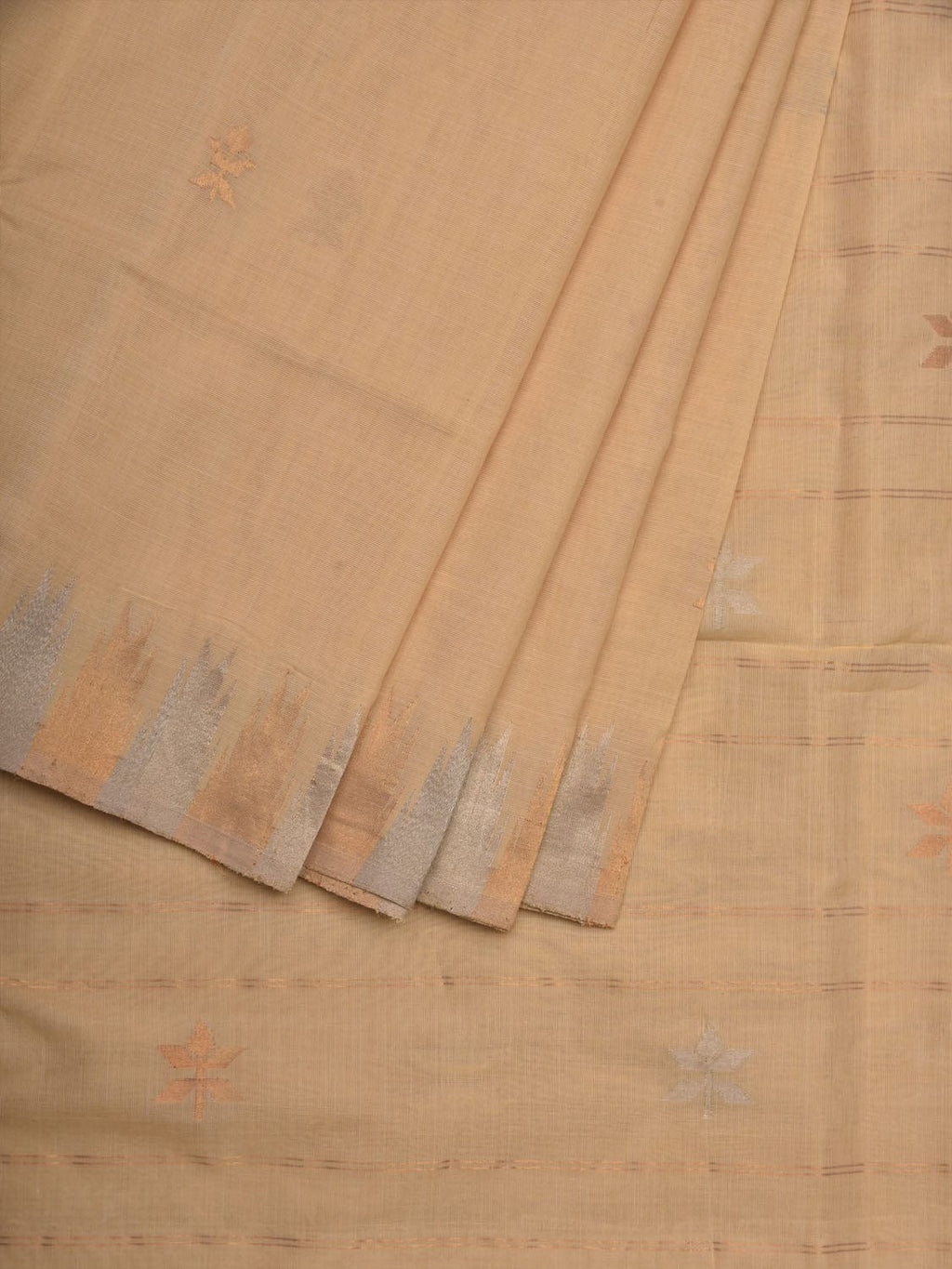 Beige Khadi Cotton Handloom Saree with Temple Border Design - Global Threads