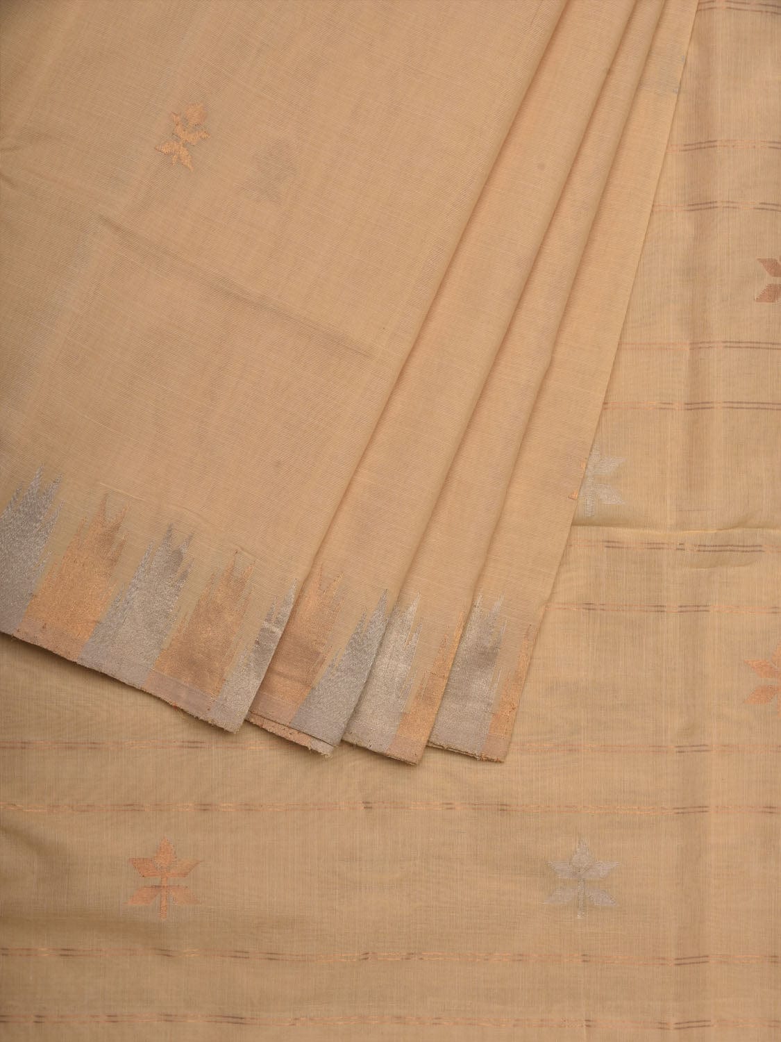 Beige Khadi Cotton Handloom Saree with Temple Border Design - Global Threads