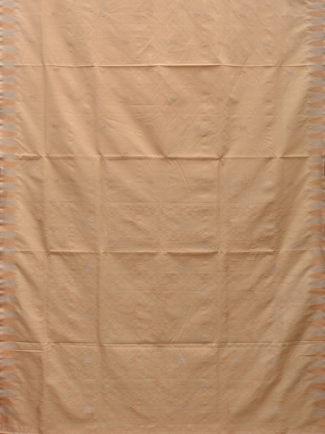 Beige Khadi Cotton Handloom Saree with Temple Border Design - Global Threads
