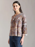 Yufta Beige Pure Cotton Geometric Gathered Or Pleated Top