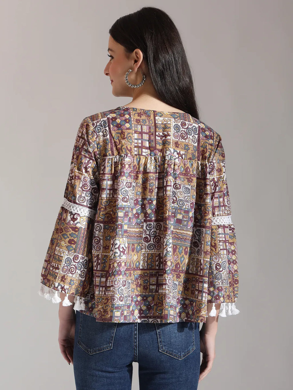Yufta Beige Pure Cotton Geometric Gathered Or Pleated Top