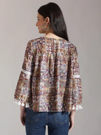 Yufta Beige Pure Cotton Geometric Gathered Or Pleated Top