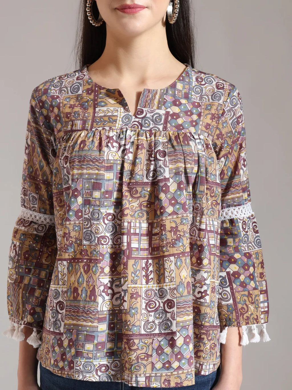 Yufta Beige Pure Cotton Geometric Gathered Or Pleated Top