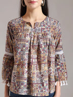 Yufta Beige Pure Cotton Geometric Gathered Or Pleated Top