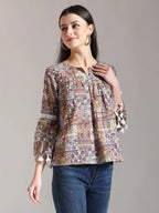Yufta Beige Pure Cotton Geometric Gathered Or Pleated Top