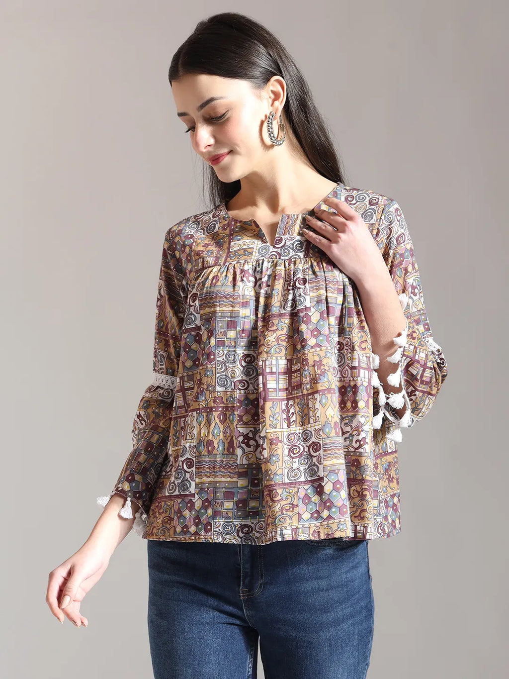 Yufta Beige Pure Cotton Geometric Gathered Or Pleated Top
