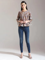 Yufta Beige Pure Cotton Geometric Gathered Or Pleated Top