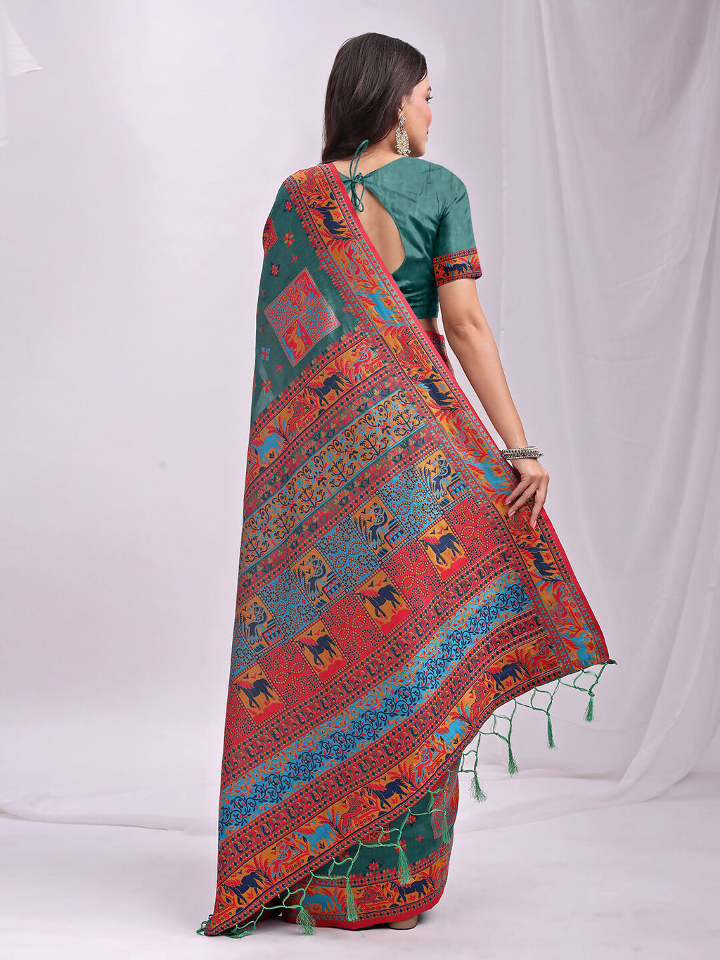 Shree Shyam Fashion Vastraloom Rama Green Linen Cotton Saree