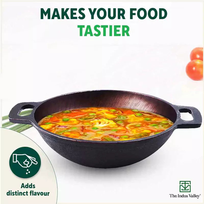 The Indus Valley Super Smooth Cast Iron Kadai,Pre-seasoned, Nonstick, 100% Pure, Toxin-free, Spatula, 25.4cm, 2.5L, 2.4kg
